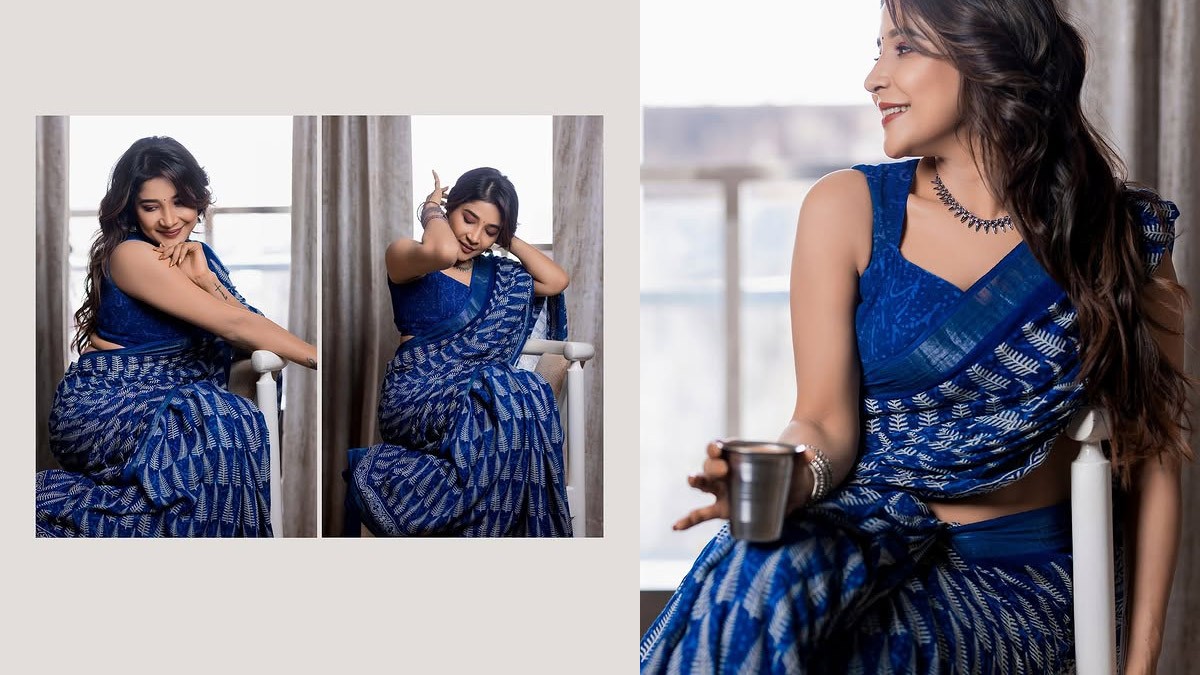 Sakshi Agarwal Shines in Elegant Blue Saree and Sips Hot Coffee in Recent Photoshoot