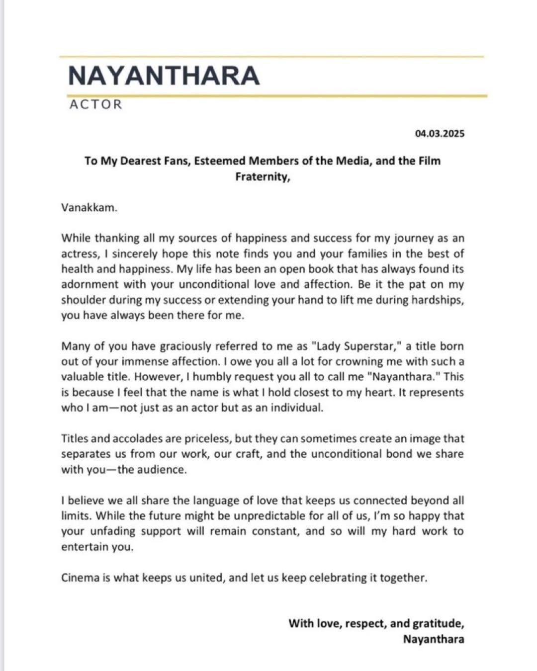 Nayanthara Requests Fans and Media to Stop Calling Her 