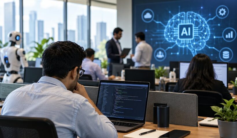 Technology workplace illustration of AI and software development
