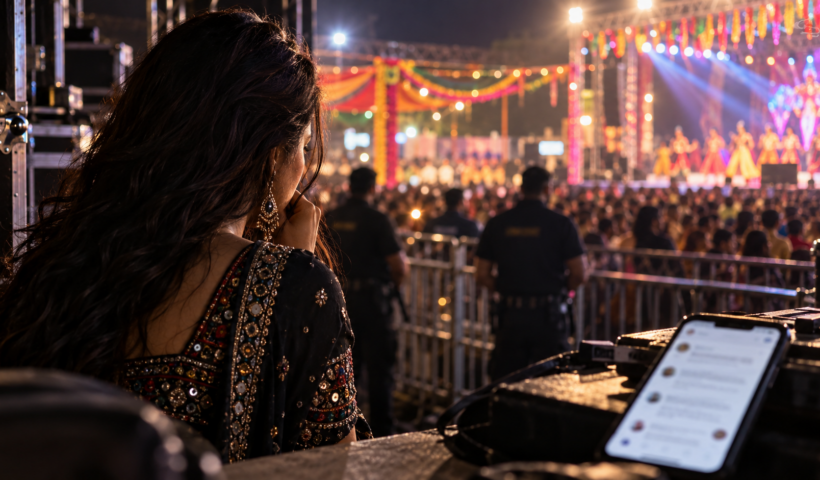 Illustrative festival-event scene for a report about allegations made by Akanksha Choudhary; not a documentary photograph.