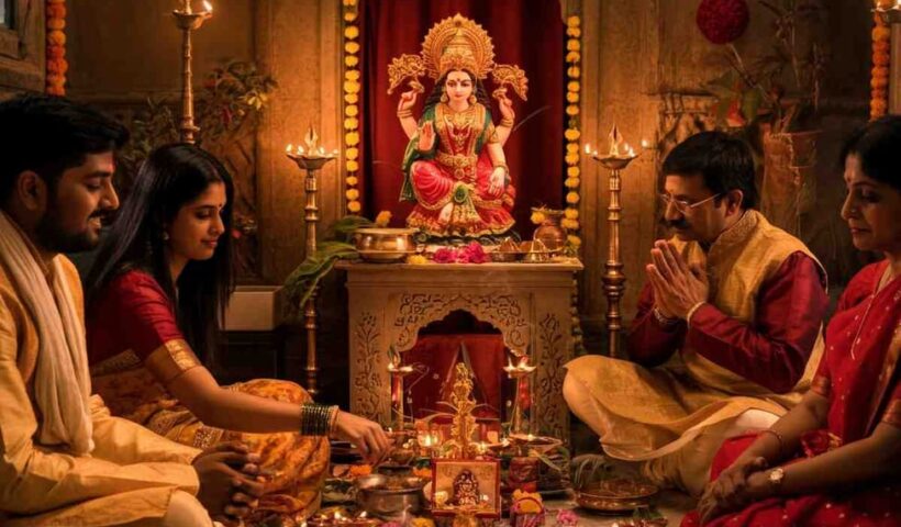 Family performing Lakshmi Puja during Diwali