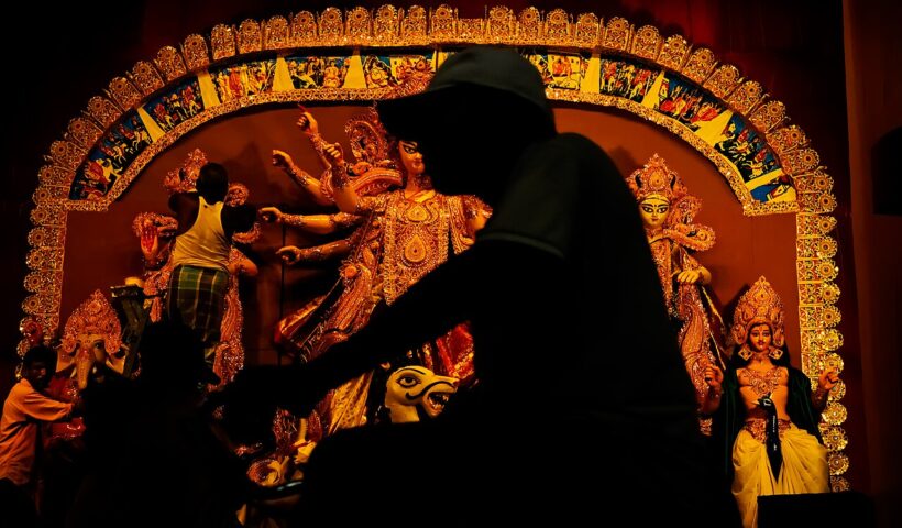 ARCHIVE IMAGE: Durga Puja altar being prepared before the festival; not the 2026 Kolkata stampede scene.