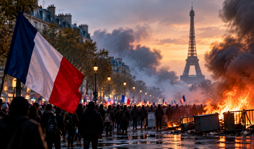 AI-generated illustrative artwork representing protests in Paris; not a documentary photograph.