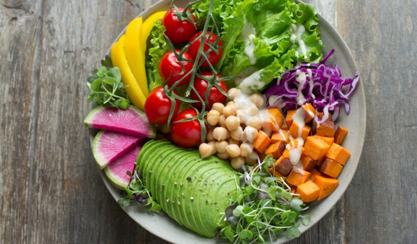 A fresh colourful salad with vegetables and healthy ingredients