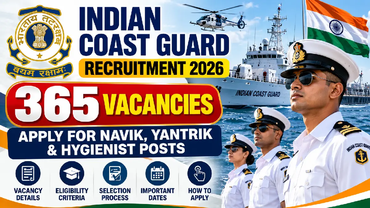 Indian Coast Guard Recruitment 2026: Apply for 365 Navik, Yantrik & Hygienist Posts