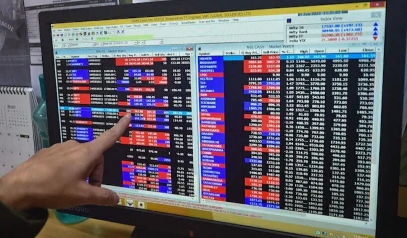 Market trading screen with stock prices and market data.