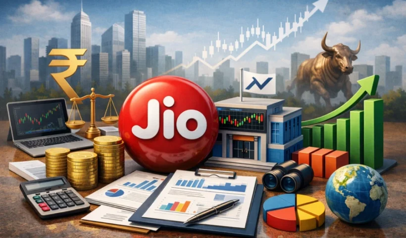 Illustration related to Jio Platforms and the planned IPO, with financial charts and market imagery.