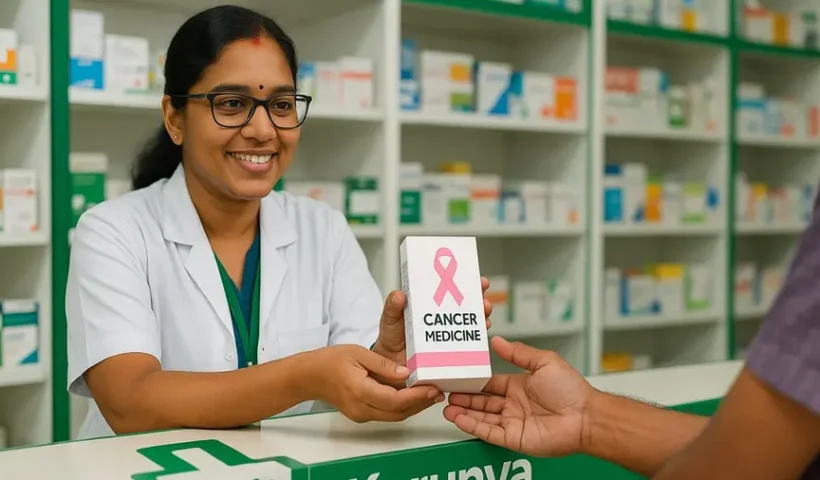 A pharmacist displaying cancer medicine in a pharmacy