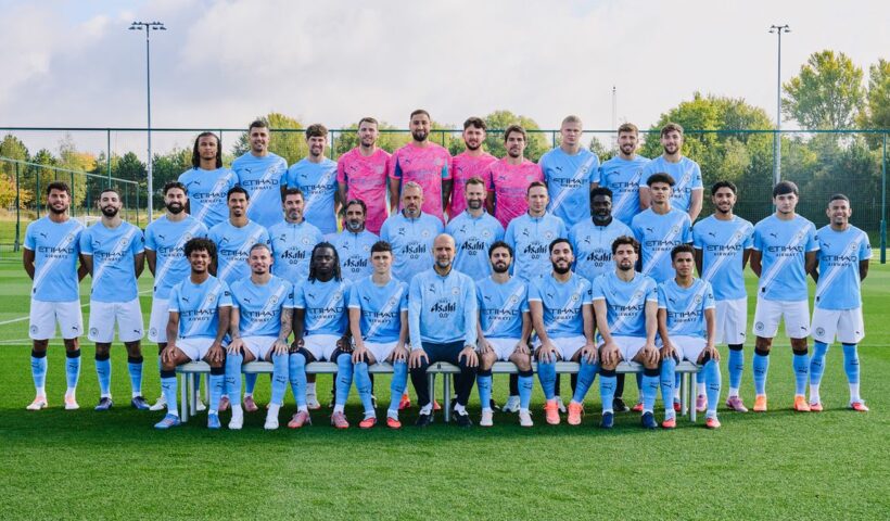 Manchester City first-team squad in sky-blue shirts