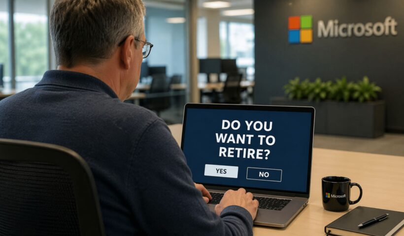 Employee at a laptop in a Microsoft office, illustrating a voluntary exit offer
