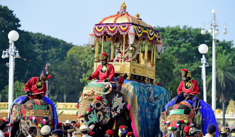 Decorated elephant carrying the golden howdah during Mysuru Dasara