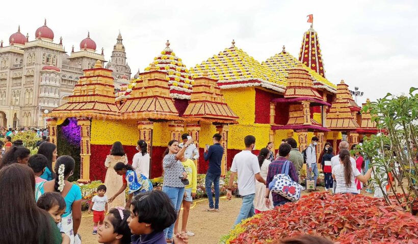 Flower temple display at the Mysore Dasara flower show