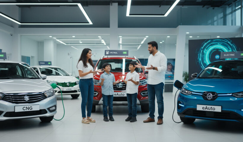 Family comparing cars in a showroom