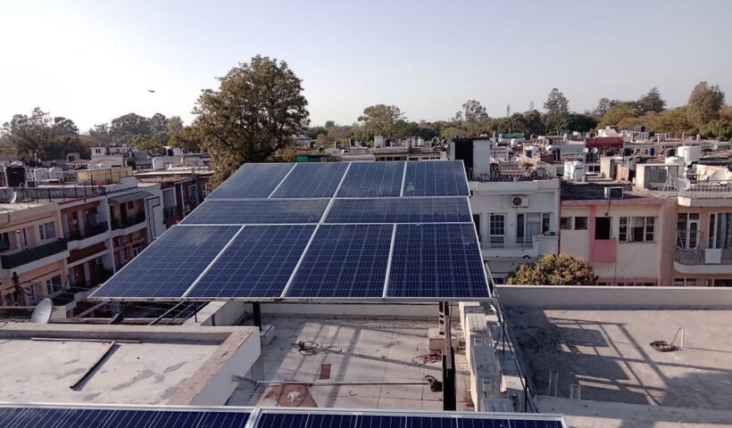Residential rooftop solar panels on a home in Delhi