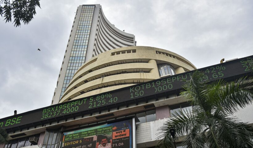 Bombay Stock Exchange building with market ticker