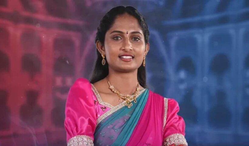 Singer Jhansi wearing a pink and teal saree in a Bigg Boss Telugu 10 promotional portrait