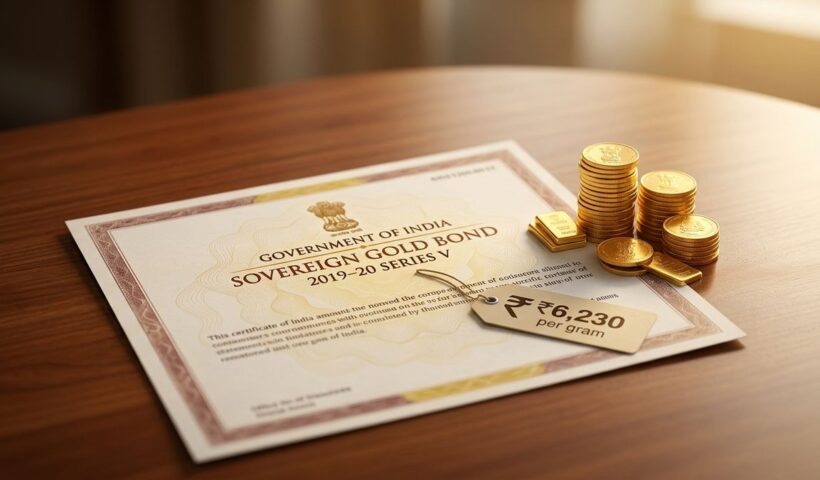 Sovereign Gold Bond certificate and gold coins illustrative image