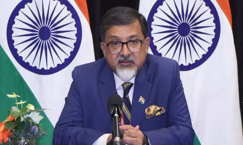 Indian diplomat Sudhakar Dalela at an official press briefing