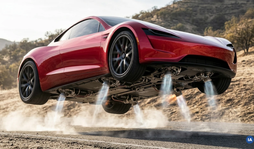 Concept image of a red electric sports car appearing to hover above a road