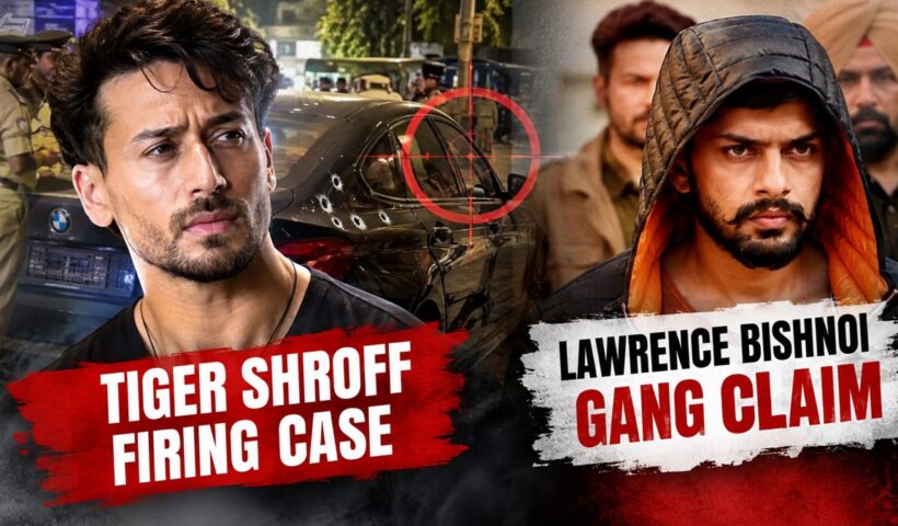 Illustrative news collage featuring Tiger Shroff and a hooded figure representing an alleged Lawrence Bishnoi gang claim; responsibility has not been confirmed.