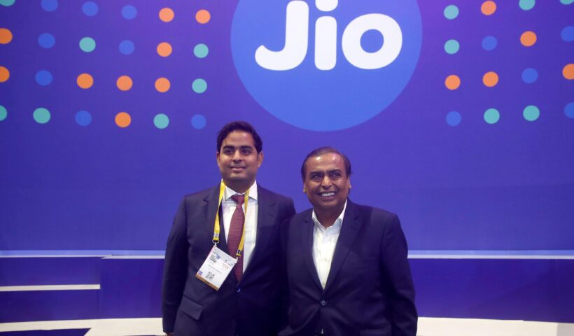 Akash Ambani and Mukesh Ambani at Jio event