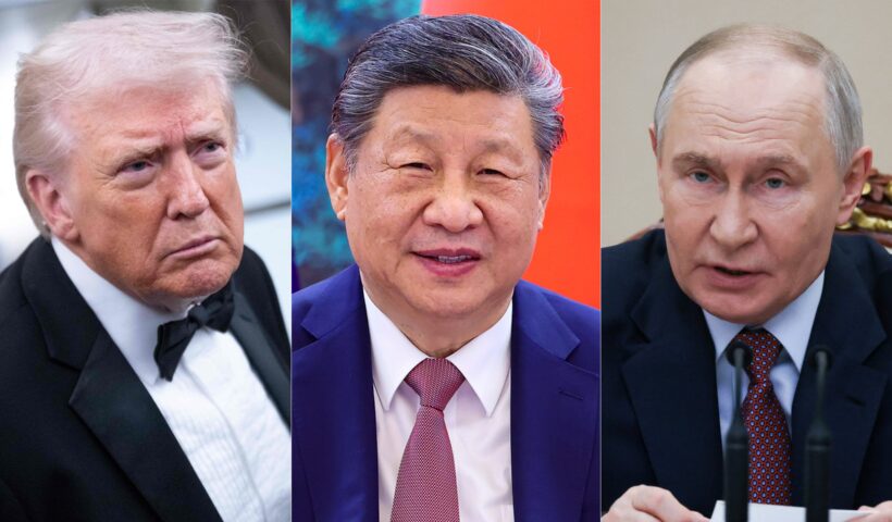 Portraits of Donald Trump, Vladimir Putin and Xi Jinping