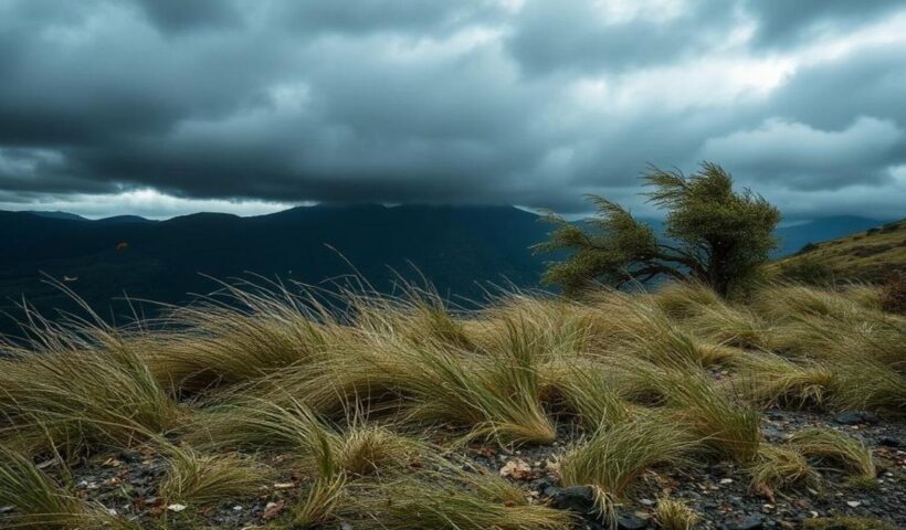 Strong winds and storm clouds over a windswept landscape illustrating weather-related sports delays