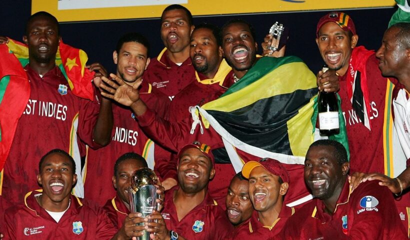West Indies cricket players celebrating a historic tournament victory